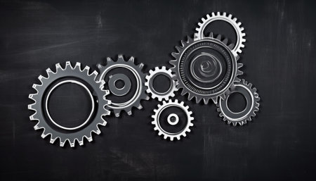 Blackboard with metal gears and cogwheels. 3d renderingの素材