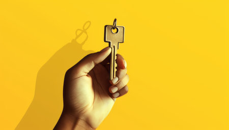 Key in hand on a yellow background. The concept of home security.の素材