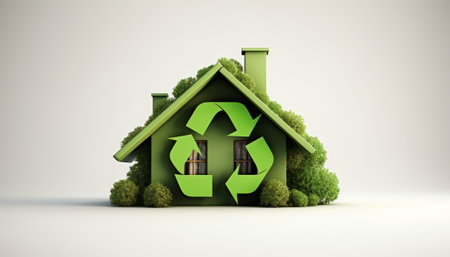 Green eco house with recycling symbol on white background. 3D renderingの素材