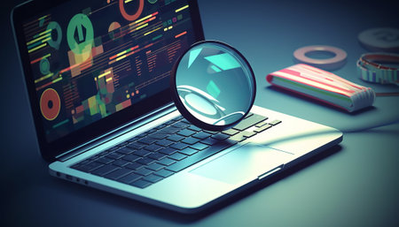 Laptop with magnifying glass on table. 3D rendering.の素材