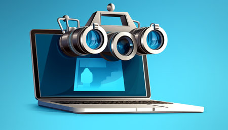 Laptop with camera and binoculars on blue background 3D renderingの素材