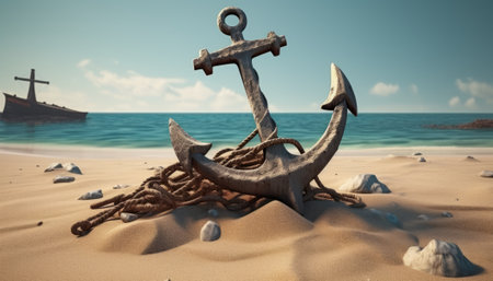 Anchor on the beach. 3d render. Vintage style.の素材