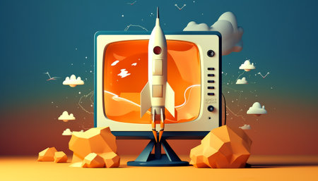 Retro rocket flying away from the screen. 3D illustration.の素材