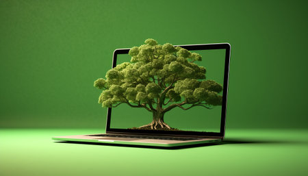 Laptop with tree in screen on green background. 3D rendering.の素材