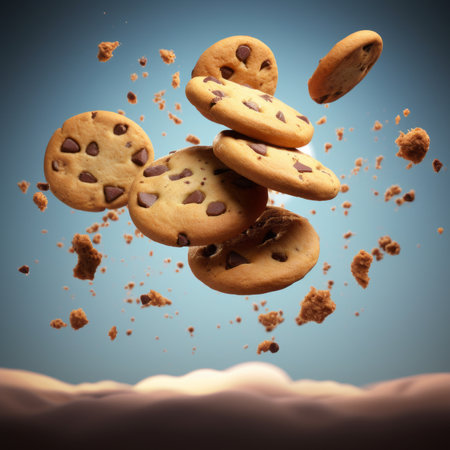 Chocolate chip cookies flying in the air. 3d illustration.の素材