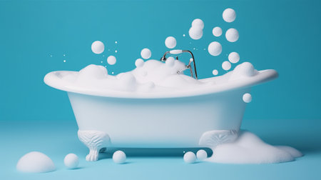 Bathtub with foam and bubbles on blue background. 3d renderingの素材