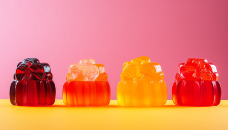 Colorful jelly bears on yellow and pink background with copy space.の素材