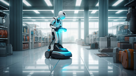 3d rendering humanoid robot riding on hoverboard in warehouse or storeの素材