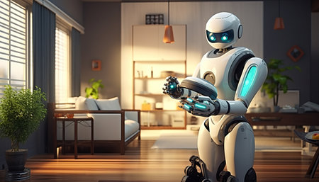 3d rendering humanoid robot working in the living room at home.の素材