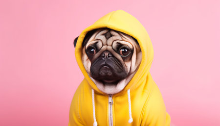 Funny pug dog in a yellow hoodie on a pink backgroundの素材