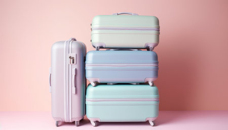 Two pink and blue travel suitcases on pink background. Travel conceptの素材
