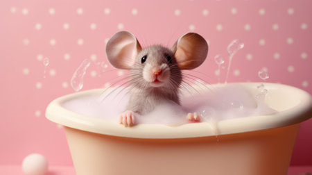 White mouse in a bath with foam and bubbles on pink background.の素材