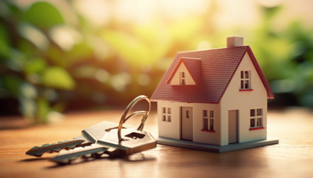 House and keys on the wooden table. Real estate and property concept.の素材