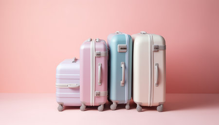 Group of pink and blue travel suitcases on pastel pink backgroundの素材