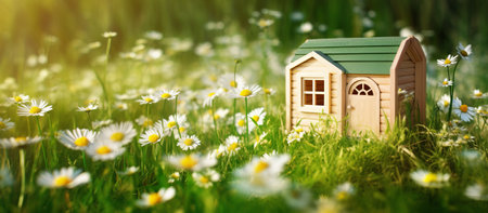 Little wooden toy house in the meadow with daisies.の素材