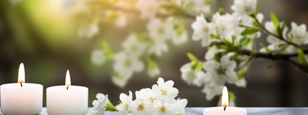 Beautiful blooming branch of cherry and candles on a light backgroundの素材