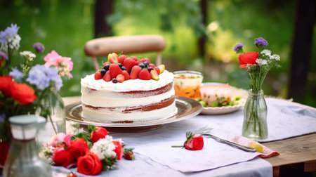 Delicious cake with fresh berries on the table in the garden.の素材