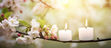 Cherry blossoms and candles on a branch. Spring background.の素材