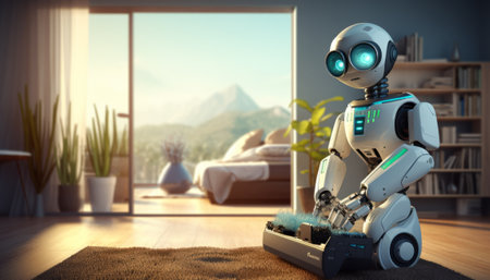 Robot in the living room. 3D rendering. Technology concept.の素材