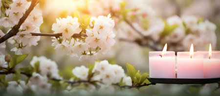 Beautiful blooming branch of cherry tree with burning candles on blurred backgroundの素材