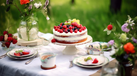 Wedding cake with fresh berries on a table in the gardenの素材