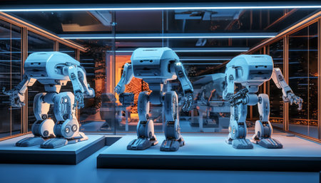 3d rendering robot working in a modern office with glass walls.の素材