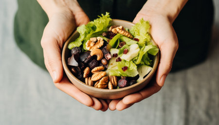 Healthy salad with nuts and fruits in female hands, top viewの素材