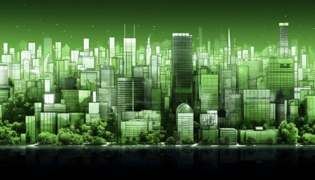 Green city background with skyscrapers and trees. Vector illustration.の素材