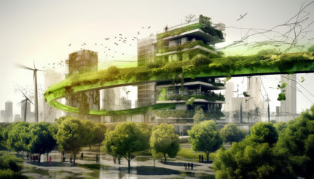 Double exposure of urban landscape with skyscrapers and green trees.の素材