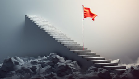 Red flag on the top of the stairs leading to success. 3D Renderingの素材