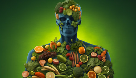 Vegetables and fruits in the form of a skull on a green backgroundの素材