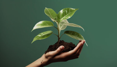 Close up of human hands holding green plant with soil on dark backgroundの素材