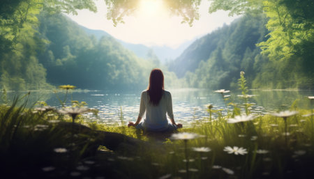 Woman meditating on the lake in the middle of the forest.の素材