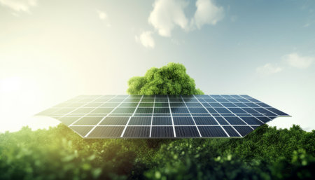 Solar energy panels and green tree in the field. 3d renderingの素材