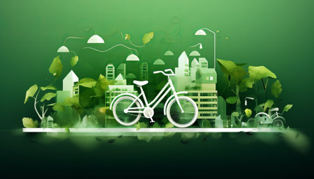 Ecology city with bicycle and green leaves background. Vector illustration.の素材