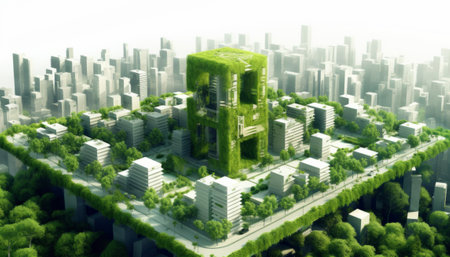 Green City Landscape, 3D render of a green city with green treesの素材
