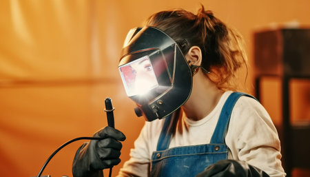 Portrait of a girl welder in protective mask welding metal.の素材