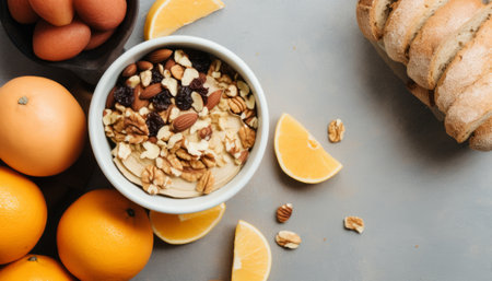 Healthy breakfast with muesli, fruits and nuts on grey backgroundの素材
