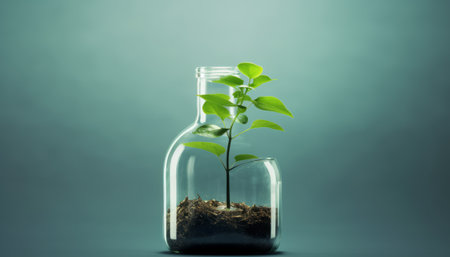 Green plant in glass bottle with soil on blue background. Ecology conceptの素材