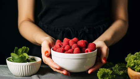 Young woman holding a bowl with fresh raspberries and mint leavesの素材