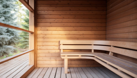 Interior of a wooden sauna with a bench in the sunの素材