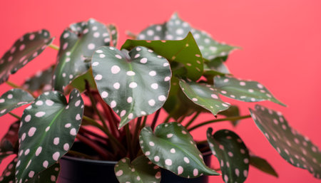 Close-up of Aglaonema variegata in flowerpot on red backgroundの素材