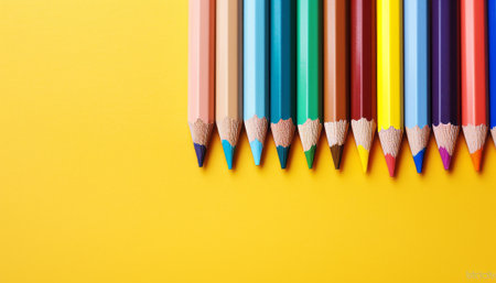 Colorful pencils on yellow background. Back to school concept.の素材