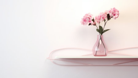 Pink flowers in vase on bookshelf on white background.の素材