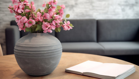 Vase with pink flowers and notebook on the table in living roomの素材