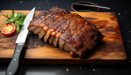 grilled pork ribs on wooden cutting board with sauce and cutleryの素材