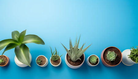 Variety of houseplants in pots on blue background with copy spaceの素材