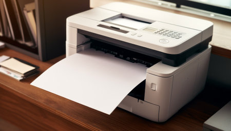 Printer and paper on the desk in office, close-upの素材