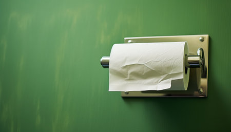 Toilet paper roll on a toilet paper holder on a green backgroundの素材