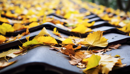 Autumn leaves on a roof in the park. Selective focus.の素材